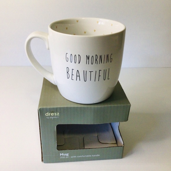 Good Morning Beautiful Coffee / Tea Mug Stoneware White Gold Hearts 350 ml NWT - Picture 4 of 6